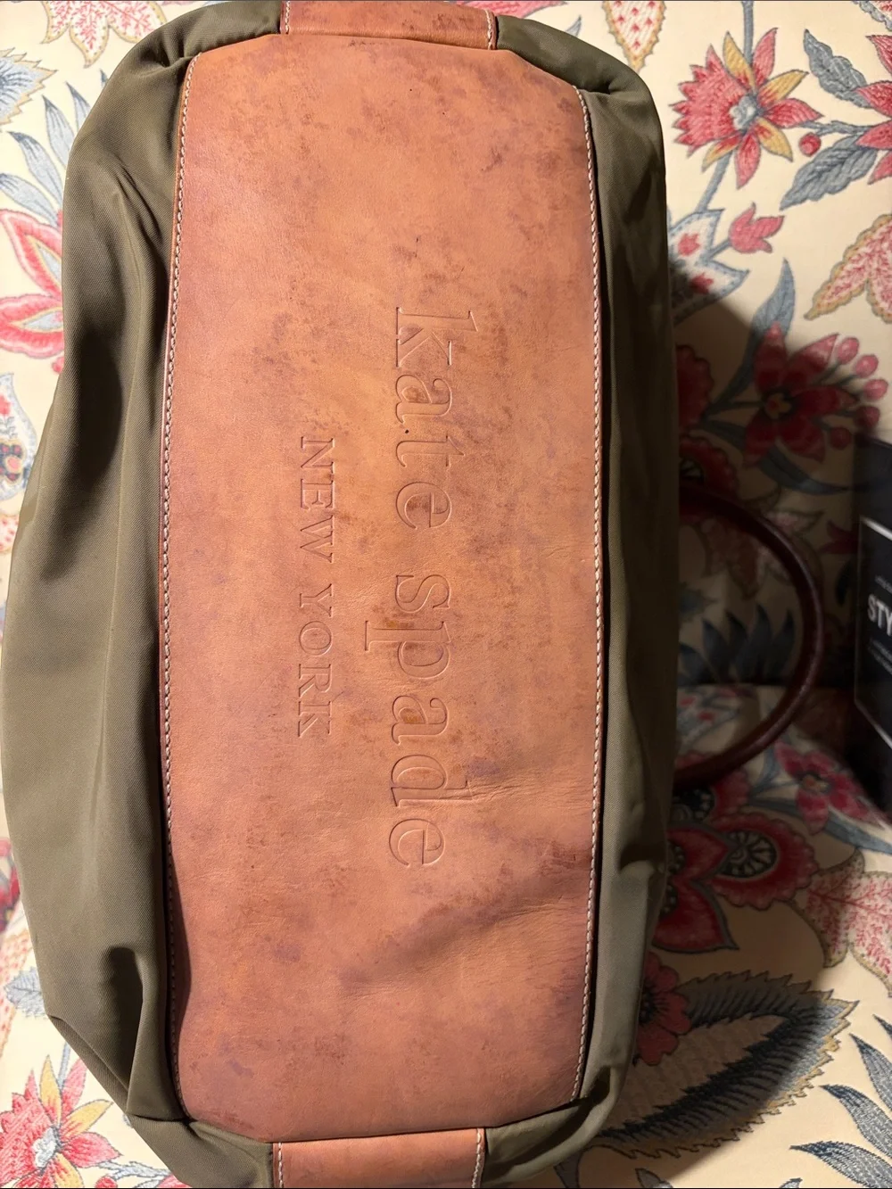 kate spade Olive Green Nylon Shoulder Bag with Tan Leather Trim